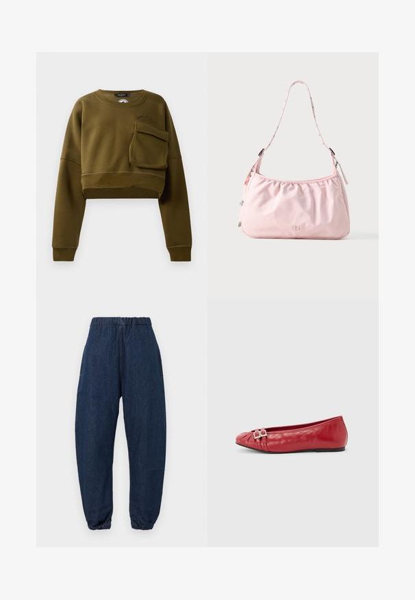 Oliven grøn cropped sweatshirt med rund halsudskæring, lange ærmer og lomme foran. Har tekstureret stof og diskret logo-detalje.; Mørkeblå denim joggerbukser med elastisk talje og elastiske manchetter, præsenteret mod en ensfarvet hvid baggrund.; Rød læderflad sko med spids tå, dekorative dobbelte remme med spænder og sort sål, vist i sideprofil på en hvid baggrund.; Lyserød skuldertaske med justerbar rem, samlet topkant, lynlås og lille præget logo foran i midten.