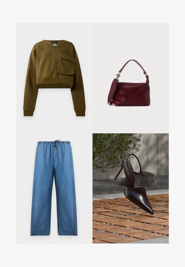 Oliven grøn cropped sweatshirt med rund halsudskæring, lange ærmer og lomme foran. Har tekstureret stof og diskret logo-detalje.; Blå vidde jeansbukser med elastisk talje og snøre, med lodrette sømdetaljer på sider og front.; Blank højhælet mule med spids tå og ankelrem, svævende over en terracottaflisebelagt overflade med grusfyldte mellemrum.; Lille rektangulær burgunderfarvet håndtaske med tekstureret finish, kort hank og aftagelig skulderrem på en ensartet lys baggrund.