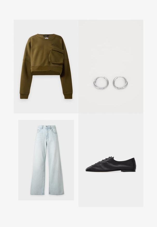 Oliven grøn cropped sweatshirt med rund halsudskæring, lange ærmer og lomme foran. Har tekstureret stof og diskret logo-detalje.; Lyseblå højhåndede vidde jeans med forreste knap og lynlås, forlommer og bæltestropper på hvid baggrund.; Sort lædersko med flad hæl, spids tå, minimal syning og løkkede knapdetaljer langs den øverste del af vampen.; Sølvøreringe med en glat, poleret overflade. Cirkulær form med en lille spænde detalje til lukning. Minimalistisk design, letvægtig.