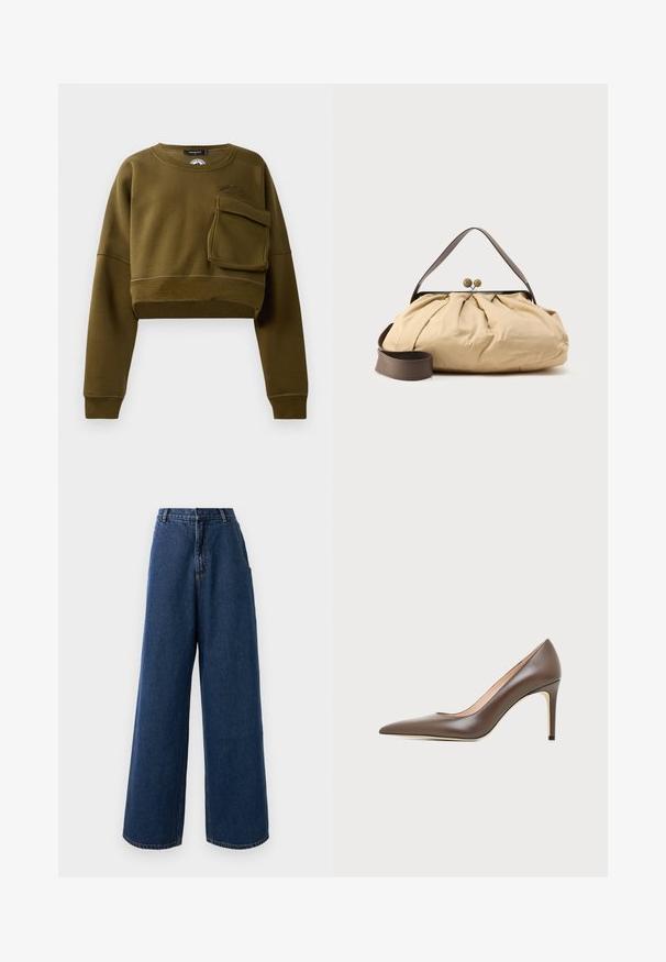 Oliven grøn cropped sweatshirt med rund halsudskæring, lange ærmer og lomme foran. Har tekstureret stof og diskret logo-detalje.; Højtaljede brede jeans i mørkeblå denim med frontknap og lynlås, bæltestropper og sidelommer.; Brun læder peptået højhælet sko med en slank stilethæl og glat finish på en lys baggrund.; Beige stofpose med et samlet design, brunt læderhåndtag og to runde metal-lukninger øverst. Justerbar brun rem medfølger.