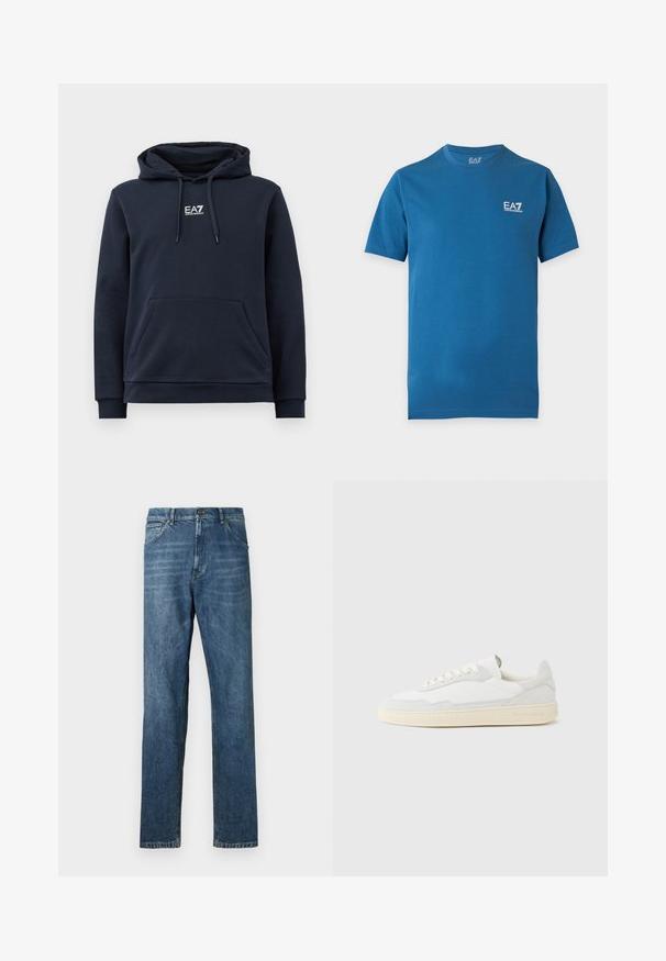 Navyblaues Kapuzenshirt mit Fronttasche, verstellbarem Kordelzug an der Kapuze und weißem EA7 Emporio Armani Logo auf der Brust.; Blaues T-Shirt mit kurzen Ärmeln und Rundhalsausschnitt mit kleinem weißem EA7 Emporio Armani Logo auf der oberen linken Brust.; Dunkelblaue Denim-Jeans, gerades Bein-Design, Fünf-Taschen-Stil, sichtbare Nähte und ein klassischer Knopfverschluss. Leichter Waschungseffekt auf dem Stoff.; Weißer Sneaker mit strukturiertem Obermaterial aus Wildleder und Leder. Verfügt über eine runde Zehenpartie, Schnürverschluss und eine kontrastierende beige Gummisohle.