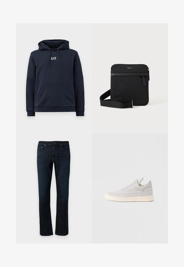 Navyblaues Kapuzenshirt mit Fronttasche, verstellbarem Kordelzug an der Kapuze und weißem EA7 Emporio Armani Logo auf der Brust.; Dunkelblaue Denim-Jeans mit geradem Bein, ausgestattet mit einem klassischen Fünf-Taschen-Design und subtilen Steppdetails.; Hellgrauer Ledersneaker mit strukturierten Seiten, Schnürung vorne und cremefarbener Gummisohle. Verfügt über eine glatte Zehenkappe und minimalistische Designdetails.; Schwarze quadratische Schultertasche mit Reißverschluss, Vordertasche und verstellbarem Riemen mit eingeprägtem Markennamen.