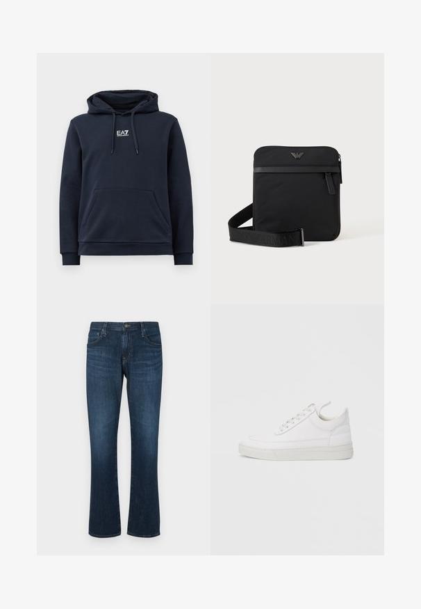 Tume sinine kapuutsiga dressipluus, millel on ees tasku, reguleeritav paelakinnitus kapuutsil ja valge EA7 Emporio Armani logo rinnal.; Tumedat sinised teksad otse jalgadega, viis taskut ja metallist nööbiga kinnitus. Sile tekstuur koos peenete pleekimistega.; Valge nahast tennisking ümarate varvastega, tasase tallaga ja eespaelaga. Omab õmbluste detaile ning pehmet ääreosa mugavuse tagamiseks.; Must ruudukujuline õlakott tõmblukuga, esitasku ja reguleeritava rihmaga, millel on reljeefne kaubamärgi nimi.