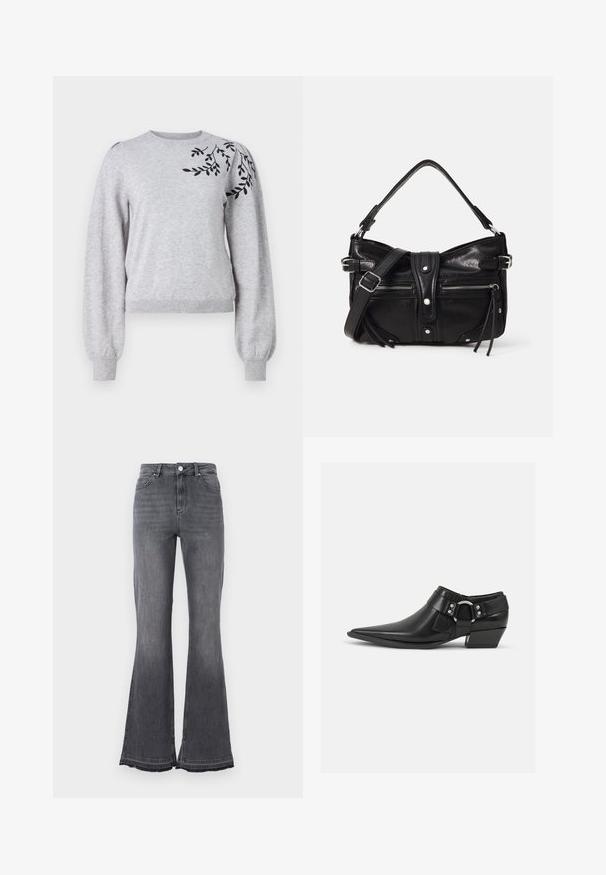 Object OBJTHESS EMBROIDERY PULLOVER - Pullover - light grey melange; Jean flare taille haute en denim noir délavé. Doté d'une fermeture par bouton, d'un design à cinq poches et de détails à ourlet effiloché.; Bottines en cuir noir avec un bout pointu, présentant une sangle en cuir à l'avant et un détail de boucle en argent, ainsi qu'un petit talon carré.; Even&Odd by Zalando H24462 - Sac à main - black