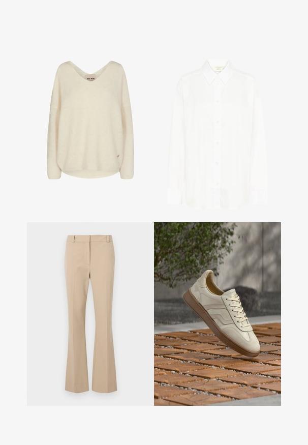 Kremfarvet strikket sweater med v-hals, nedhængende skuldre og ribbet tekstur. Har en lille logo-tag på den nederste side.; Hvid langærmet skjorte med knapper, klassisk krave og almindelig pasform. Fremstillet af glat stof med otte knapper ned foran.; Beige skræddersyede bukser med lige pasform, der har en glat front, bæltestropper og en jævn tekstur. Ingen synlige lommer eller mønstre.; Sneakers i cremefarve med en struktureret beige gummisål, snøredesign og diskret brand på siden. Overdel i glat læder.