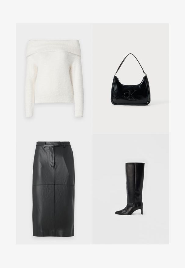 Noisy May NMHEIDI OFF SHOULDER - Trui - eggnog; Zwarte faux leren kokerrok met riemlussen, voornaad en verborgen sluiting, knielengte met een gladde afwerking.; Zwarte kniehoge laarzen gemaakt van glad leer, met een puntige neus en een slanke hak, een nauwsluitende schacht en een minimalistisch ontwerp.; Zwarte gepatenteerde leren handtas met een gebogen bovenhandgreep, ritsafsluiting en reliëf "cK" logo aan de voorkant. Gladde textuur, gestructureerde vorm.
