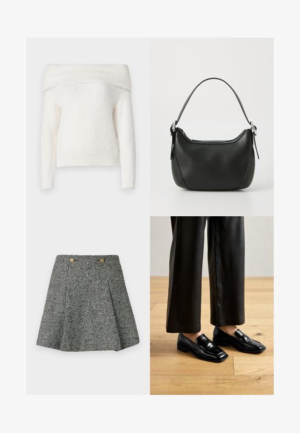 Noisy May NMHEIDI OFF SHOULDER - Trui - eggnog; Zwart-witte geblokte rok met plooien, met een hoge taille en twee goudkleurige knopen aan de voorkant. Gelaagd stof.; Zwarte gepatineerde leren loafers met een strakke, gladde afwerking, voorzien van een lage blokhak en een klassiek ontwerp met gebogen lijnen.; Zwarte leren handtas met een gebogen vorm, zilveren rits en een korte handgreep. Bevat een subtiel logo aan de voorkant en een gladde textuur.