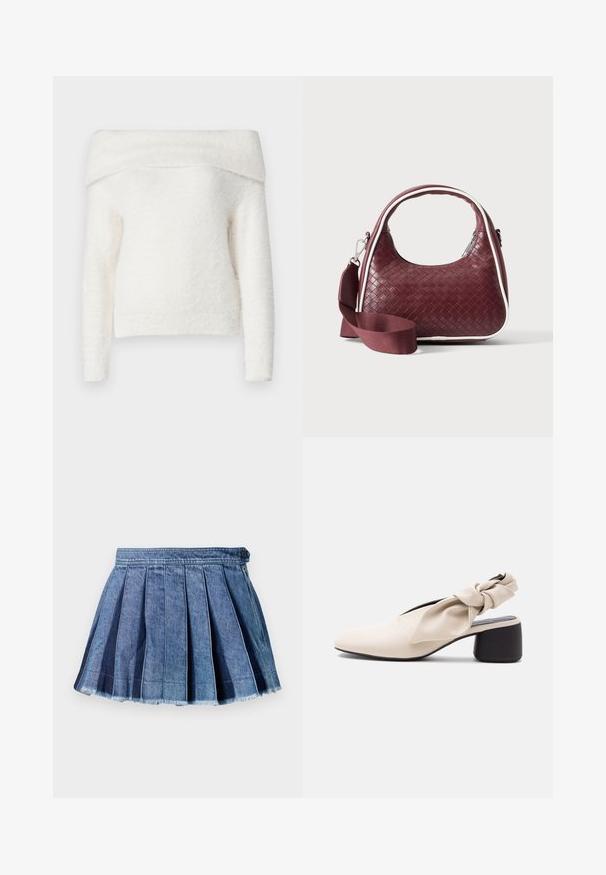 Noisy May NMHEIDI OFF SHOULDER - Striktrøje - eggnog; Blå denim plisseret mini nederdel med knap og lynlås i siden, med en frynset kant detalje.; Beige damesko med lav hæl, spids tå og en snoet remdetalje over vristen og hælen.; Mørkerød vævet lædertaske med buet hank, hvid kant, sølv lynlås og aftagelig bred stofskulderrem mod en ensfarvet baggrund.