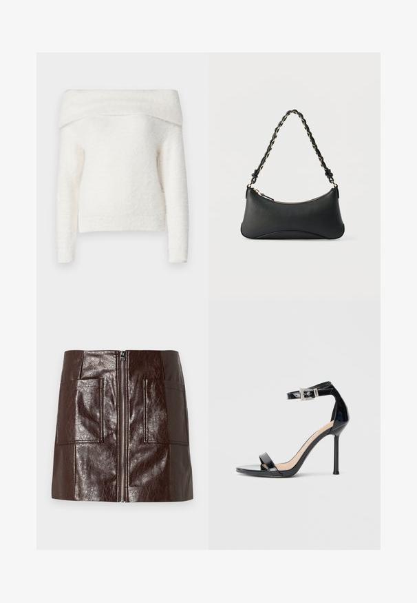 Noisy May NMHEIDI OFF SHOULDER - Trui - eggnog; Korte rok van bruin faux leer met een rits aan de voorkant, twee grote voorzakken en een gladde, glanzende textuur.; Zwarte sandalen met hoge hak van lakleer en een enkelriempje. Heeft een minimalistisch ontwerp, open teen en een gesp met strass-steentjes.; Zwarte lederen schoudertas met een gebogen rechthoekige vorm, gouden ketting verweven in een gevlochten zwarte band, en een ritssluiting bovenop.