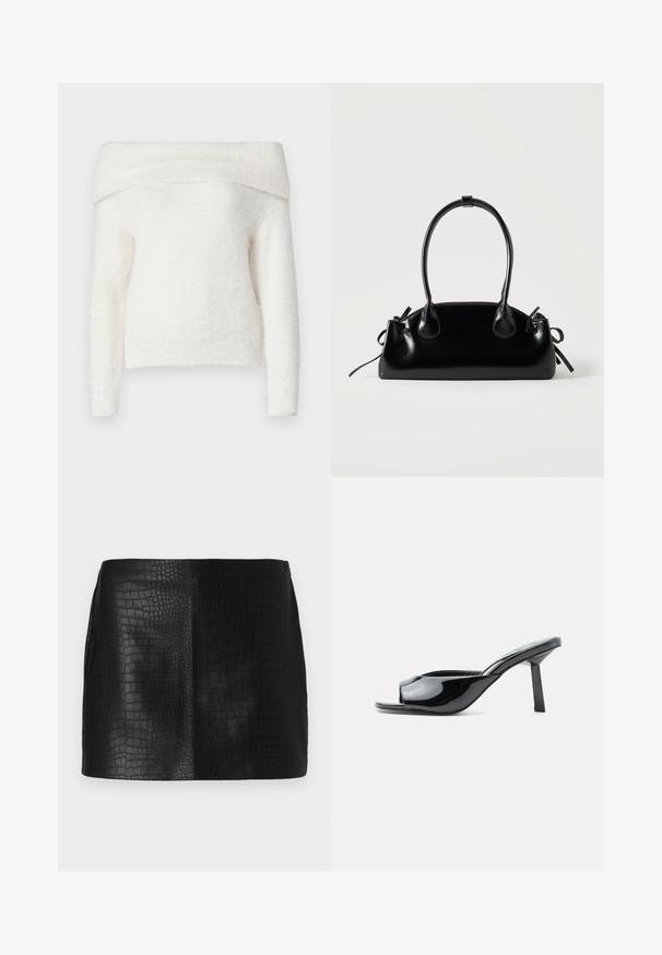 Noisy May NMHEIDI OFF SHOULDER - Striktrøje - eggnog; Sort faux læder mini nederdel med et struktureret krokodillemønster, der har en glat overflade og skræddersyet pasform uden synlig hardware.; Blank sort åben tå mule med en firkantet mellemhøj hæl og en buet rem over fronten på hvid baggrund.; Lille sort blank håndtaske med to lange håndtag og snøre-detaljer i siden på en ensfarvet lys baggrund.
