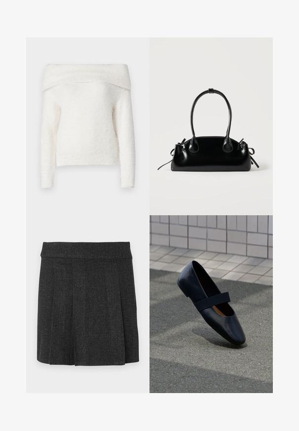 Noisy May NMHEIDI OFF SHOULDER - Jersey de punto - eggnog; Falda negra con pliegues hecha de tejido texturizado. Cintura de altura media con líneas limpias. Corte clásico adecuado para diversas ocasiones.; Zapato plano de cuero negro con punta redonda, que presenta una suave correa elástica negra sobre la parte superior. Textura suave y diseño minimalista.; Pequeño bolso negro brillante con dos asas largas y detalles de cordón lateral sobre un fondo claro liso.