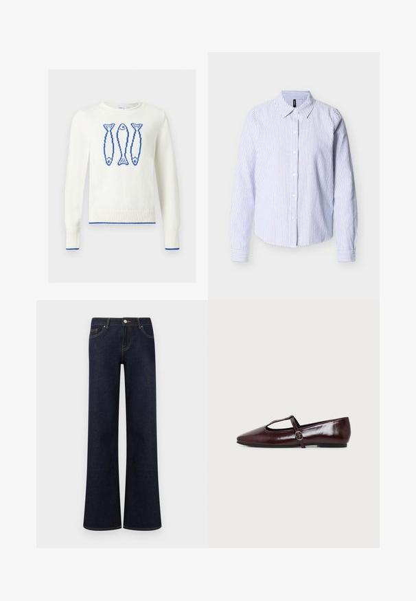Pull blanc col rond avec trois poissons bleus pixélisés sur la poitrine et bordure bleue aux poignets et à l’ourlet.; Chemise à manches longues à boutons avec rayures verticales bleues et blanches et col pointu, présentée sur un fond blanc uni.; Jean en denim bleu foncé à jambes larges avec poches avant, fermeture par bouton et fermeture éclair, et coutures contrastantes visibles.; Chaussure plate en cuir bordeaux foncé avec un bout pointu et une fine bride en T avec une boucle argentée sur fond blanc.