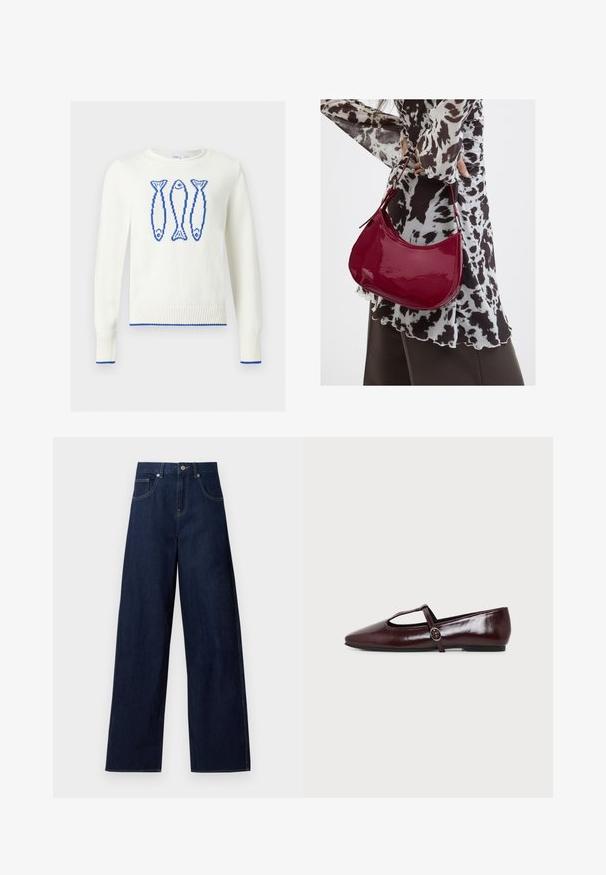 Pull blanc col rond avec trois poissons bleus pixélisés sur la poitrine et bordure bleue aux poignets et à l’ourlet.; Jean en denim bleu foncé à jambes larges avec bouton et poches à l'avant, présenté à plat sur fond blanc.; Chaussure plate en cuir bordeaux foncé avec un bout pointu et une fine bride en T avec une boucle argentée sur fond blanc.; Femme portant un chemisier à motif noir et blanc tenant un sac à main rouge brillant sur un fond uni.