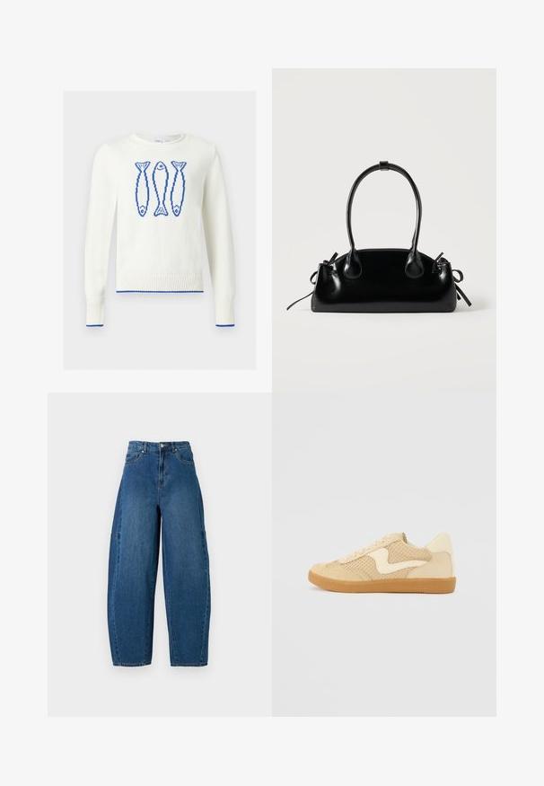 Pull blanc col rond avec trois poissons bleus pixélisés sur la poitrine et bordure bleue aux poignets et à l’ourlet.; Jean en denim de teinte bleu moyen, présentant une taille haute, une coupe large et un design standard à cinq poches avec des détails de coutures visibles.; Sneaker beige avec des matériaux en daim et en maille, forme arrondie, col rembourré proéminent et semelle en caoutchouc gomme. Présente un accent de design en forme de vague.; Petit sac à main noir brillant avec deux longues anses et des détails à cordon sur les côtés sur un fond clair uni.