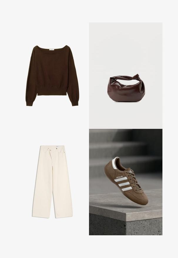 Pull en cuir marron, court, avec un col large et de longues manches légèrement bouffantes. Texture douce et détail de bord côtes. Pas de fermetures visibles.; Pantalon large couleur écru avec poches avant, passants pour ceinture, et boutons argentés sur la ceinture et les bords des poches.; Baskets Adidas Spezial en daim marron avec des bandes blanches et des lacets, flottant au-dessus d'un rebord en béton gris sur un fond d'escaliers flous.; Sac bandoulière en cuir marron foncé avec une forme souple et décontractée et une anse nouée torsadée sur un fond blanc uni.