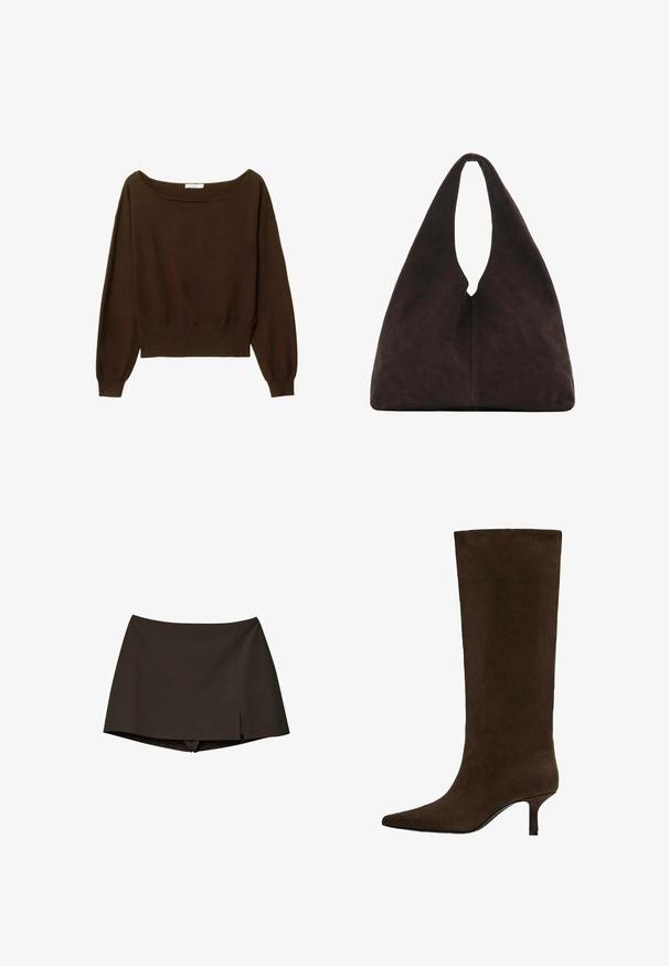 Pull en cuir marron, court, avec un col large et de longues manches légèrement bouffantes. Texture douce et détail de bord côtes. Pas de fermetures visibles.; Skort noir taille haute avec une petite fente latérale, combinant une jupe devant avec un short attaché en dessous pour une tenue active ou décontractée.; Botte haute jusqu’au genou en daim brun foncé avec bout pointu et talon fin et bas.; Sac à bandoulière triangulaire marron foncé doux avec une poignée large unique en haut et une texture de surface lisse.
