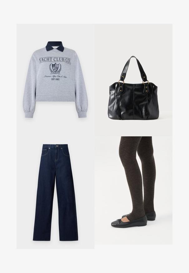Sweat-shirt gris clair à manches longues avec col bleu marine, texte "Yacht Club Co.", blason de Monaco et imprimé "Provence Alpes Côte d'Azur EST 1982".; Jean en denim bleu foncé à jambes larges avec bouton et poches à l'avant, présenté à plat sur fond blanc.; Jambes portant des leggings côtelés foncés associés à des ballerines noires avec de petits détails en nœud sur fond blanc.; Sac à épaule en cuir noir avec double anses attachées par des anneaux et rivets dorés, surface lisse et légèrement brillante, design simple.