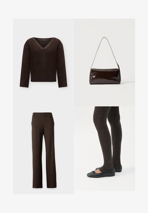 Pull marron foncé à manches longues avec col en V et bordure en dentelle festonnée à l'encolure, présenté sur un fond clair uni.; Pantalon marron foncé droit avec passants de ceinture, poches latérales et un design avant épuré sur un fond clair uni.; Jambes portant des leggings côtelés foncés associés à des ballerines noires avec de petits détails en nœud sur fond blanc.; Sac à bandoulière rectangulaire en cuir marron foncé avec une seule sangle fine et une boucle dorée sur un fond uni.