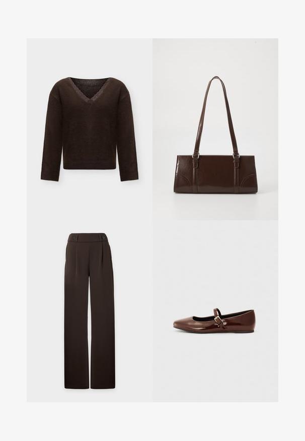 Pull marron foncé à manches longues avec col en V et bordure en dentelle festonnée à l'encolure, présenté sur un fond clair uni.; Pantalon large marron foncé à taille haute, plis sur le devant, passants de ceinture et deux boutons décoratifs à la ceinture, présenté sur un fond uni.; Ballerine en cuir verni marron avec un bout carré et une lanière ornée d'une petite boucle dorée. Texture lisse, talon bas et design minimaliste.; Sac à main en cuir verni marron de forme rectangulaire, avec deux longues poignées et des accents courbés subtils à l'avant.