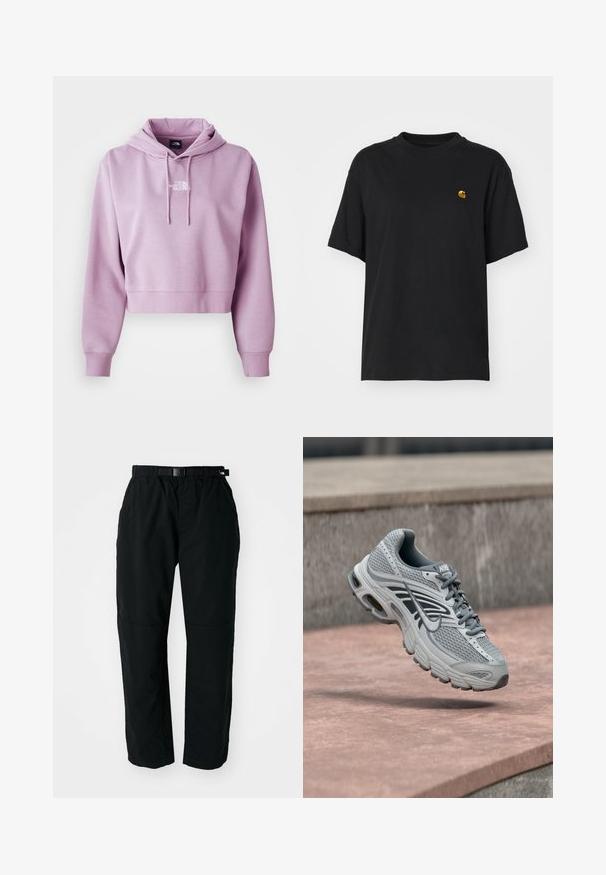 Korte hoodie in lichtpaars, gemaakt van zacht materiaal. Beschikt over een voorzak en verstelbare touwtjes, met een wit logo op de borst.; Zwarte katoenen t-shirt met een relaxte pasvorm. Heeft een ronde hals en korte mouwen. Bevat een klein goud geborduurd logo op de borst.; Zwarte lichtgewicht broek met een elastische tailleband en verstelbare riem. Kenmerkt zich door taps toelopende benen en versterkte knieën voor duurzaamheid.; Lichtgrijze en witte Nike hardloopschoen met mesh-ontwerp, zwevend boven een stenen oppervlak buiten.