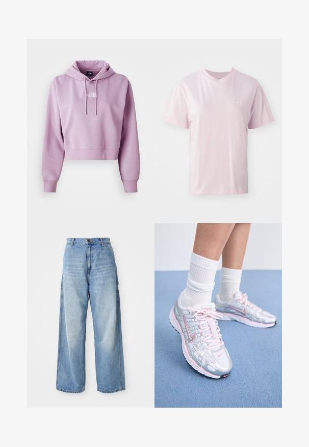Korte hoodie in lichtpaars, gemaakt van zacht materiaal. Beschikt over een voorzak en verstelbare touwtjes, met een wit logo op de borst.; Lichtroze katoenen T-shirt met een ronde hals, korte mouwen en een subtiel logo in het wit gedrukt op de linkerborst.; Lichtblauwe wijde jeans met een hoge taille, voorzien van zijzakken en een vervaagde textuur, vervaardigd uit denim materiaal.; Nike hardloopschoenen met een zilveren mesh bovenwerk met roze accenten, witte veters en een gestructureerde zool. Draagt met witte katoenen sportsokken.