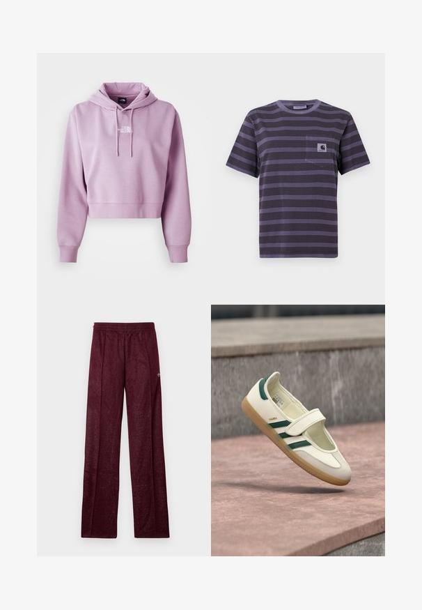 Kort hoodie i lyse lilla, lavet af blødt stof. Har en frontlomme og justerbare snore, med hvidt logo på brystet.; Lilla stribet t-shirt med en lomme på venstre bryst, der har vandrette sorte striber. Blødt stof, korte ærmer, rund halsudskæring.; Bordeaux træningsbukser lavet af tekstureret stof, med elastisk talje og sidesømme for en lige ben-design.; Hvid lædersko med grønne striber, rund tå, fastgjort med en rem. Gummisål, minimalistisk design, hævet syning langs de øvre kanter.