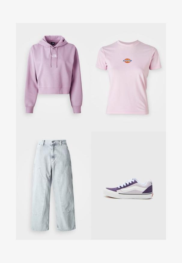 Kort hoodie i lyse lilla, lavet af blødt stof. Har en frontlomme og justerbare snore, med hvidt logo på brystet.; Lyserød bomulds t-shirt med korte ærmer, rund halsudskæring og et lille cirkulært logo i rød, gul og blå på brystet.; Lys blå denim bred benbukser med store sidelommer, høj talje og løst fit. Slidte tekstur med en falmet finish.; Lilla og hvide ruskinds sneakers med lavt design, der har rund tå, hvide snørebånd og sort stribe langs sålen.
