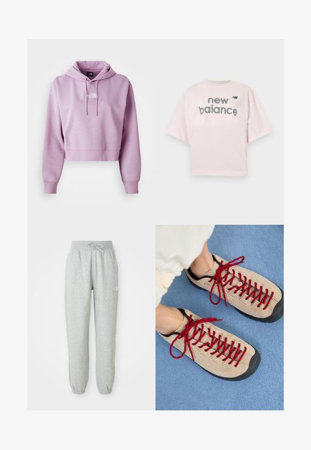 Haut cropped en violet clair, fabriqué en tissu doux. Présente une poche avant et des cordons de serrage réglables, avec un logo blanc sur la poitrine.; T-shirt à manches courtes rose clair avec le texte "new balance" et un petit logo "NB" noir centré sur la poitrine.; Pantalon de jogging gris avec une taille élastique et un cordon de serrage. Le tissu est doux, avec des poignets élastiques à la cheville et un accent de logo.; Des chaussures beiges avec des lacets rouges, posées sur une surface bleue texturée, révèlent partiellement la cheville d'une personne. Les chaussures ont un design sportif.