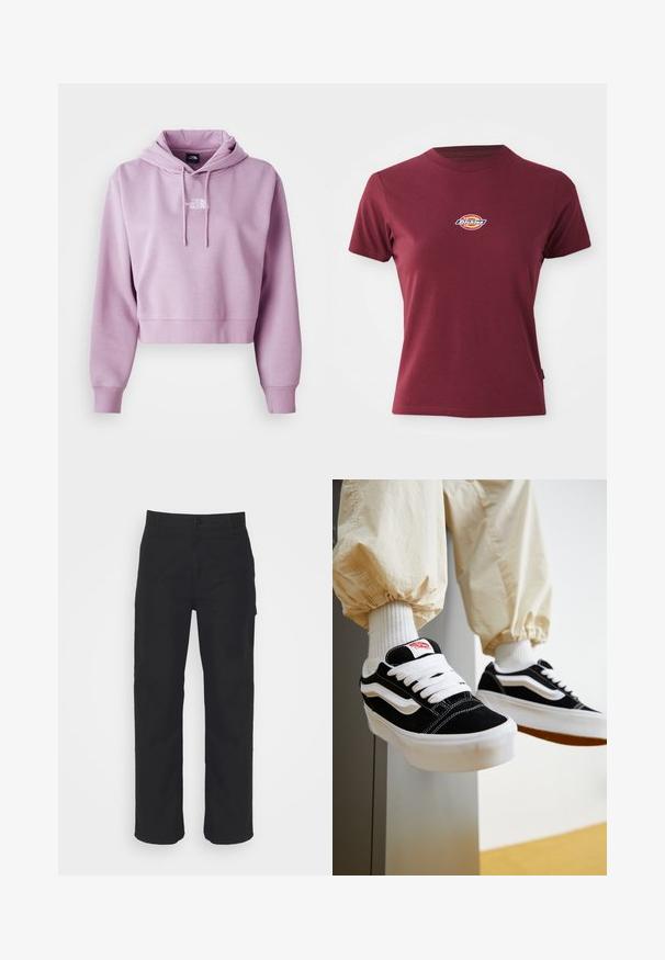 Kort hoodie i lyse lilla, lavet af blødt stof. Har en frontlomme og justerbare snore, med hvidt logo på brystet.; Bordeaux kortærmet t-shirt lavet af bomuld med rund halsudskæring og et lille multicoloreret "Dickies" logo på brystet.; Sorte bomuldsbukser med lige pasform, knaplukning og bæltestropper. Har et klassisk design uden synlige lommer.; Person iført sorte og hvide Vans sneakers med hvide snørebånd, hvide sokker og beige bukser med elastiske manchetter.