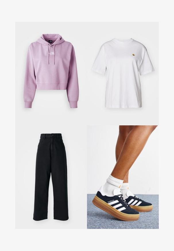 Sudadera corta en púrpura claro, hecha de tela suave. Cuenta con un bolsillo frontal y cordones ajustables, con un logotipo blanco en el pecho.; Camisa de algodón blanca con corte relajado, mangas cortas y un pequeño logotipo bordado en el área del pecho izquierdo.; Jeans anchos de tiro alto en negro, con bolsillos frontales y cierre de botón, exhibidos sobre un fondo blanco liso.; Piernas con calcetines blancos y zapatillas Adidas Gazelle negras con rayas blancas y suelas marrones gruesas sobre un suelo alfombrado gris.