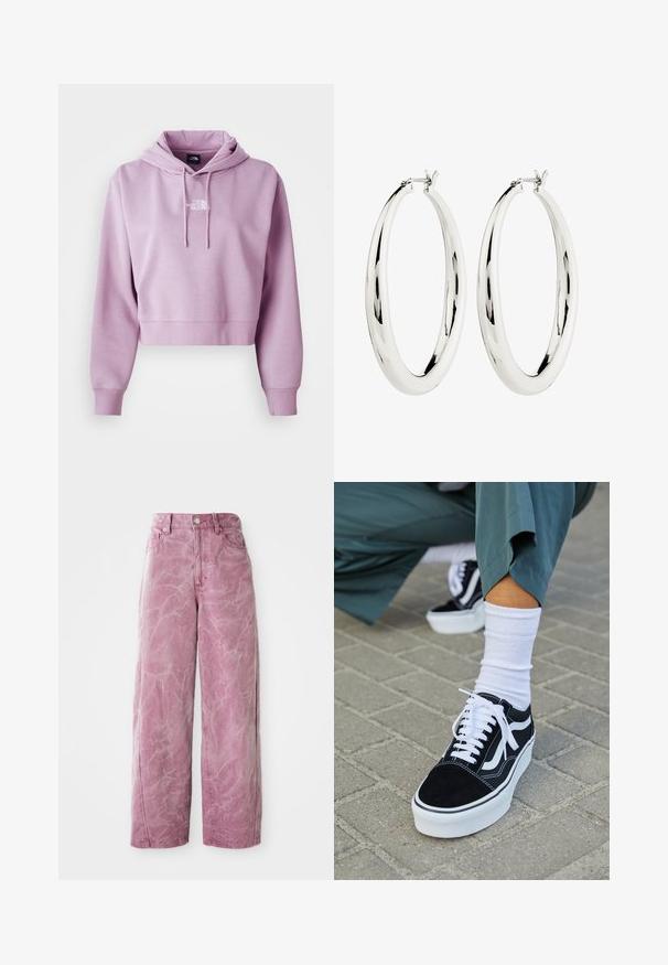 Sudadera corta en púrpura claro, hecha de tela suave. Cuenta con un bolsillo frontal y cordones ajustables, con un logotipo blanco en el pecho.; Jeans de pierna ancha rosados con cintura alta, que cuentan con un acabado desgastado y texturizado, cierre de botón y bolsillos laterales.; Zapatillas de ante negro con acentos y cordones blancos, que cuentan con una gruesa suela blanca y costuras en contraste, combinadas con un calcetín blanco.; Pendientes de aro de plata con una superficie lisa y reflectante. Forma redonda y grande con un cierre seguro en la parte superior. El acabado pulido resalta el brillo.