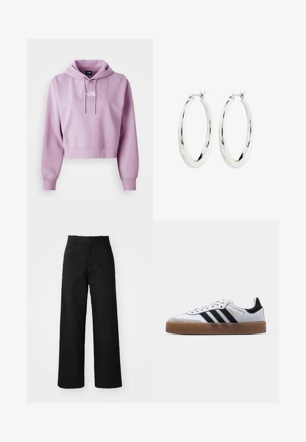 Haut cropped en violet clair, fabriqué en tissu doux. Présente une poche avant et des cordons de serrage réglables, avec un logo blanc sur la poitrine.; Pantalons larges noirs avec un devant plat, une fermeture à bouton et des passants de ceinture. Fabriqués en tissu durable avec une texture lisse.; Baskets en cuir blanc avec des rayures noires, semelle extérieure en caoutchouc beige, bout rond, fermeture lacée et embout en suède gris doux.; Boucles d'oreilles créoles en argent avec une finition lisse et brillante. Forme circulaire, dotée d'un fermoir sécurisé. Design simple et élégant.