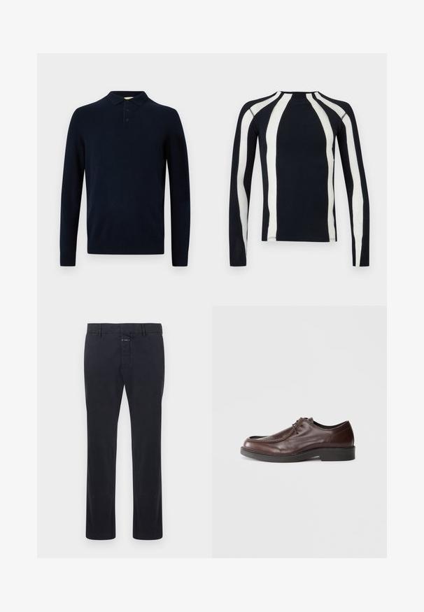 Polo à manches longues bleu marine en tissu tricoté, avec col côtelé, patte à trois boutons, et design uni sans motifs.; Chemise noire à manches longues avec des rayures blanches verticales sur les manches et le devant, coupe ajustée, encolure ronde.; Pantalon droit noir pour homme avec passants de ceinture et fermeture avant par bouton sur un fond clair.; Chaussure habillée en cuir marron avec un bout arrondi, des accents de couture minimum, et une semelle noire robuste. Présente un système de laçage et une texture lisse.