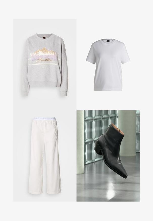 Grå sweatshirt med rund halsudskæring, lange ærmer og et grafisk print af bjerge samt teksten "Colorado Mountains." Blød tekstur.; Hvid bomulds t-shirt med rund halsudskæring, korte ærmer og en afslappet pasform. Har et lille mærke nær kraven.; Hvide brede bukser med elastisk talje og et kontrasterende Calvin Klein-logo. Fremstillet af glat stof, giver de en afslappet pasform.; Sort læderankelstøvle med spids tå og blokhæl, der svæver over en reflekterende grå gulv nær en væg af glasblokke.