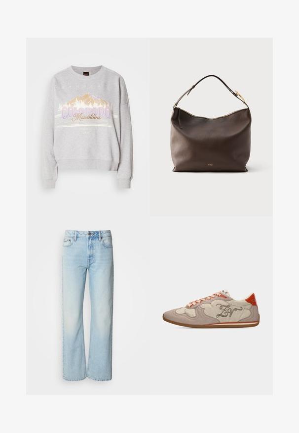 Grå sweatshirt med rund halsudskæring, lange ærmer og et grafisk print af bjerge samt teksten "Colorado Mountains." Blød tekstur.; Lyseblå brede jeans lavet af denim med et klassisk fem-lomme design og en subtil falmet tekstur. Denim-syninger er synlige.; Beige og lysebrun ruskindsneaker med orange accenter, mønstrede snørebånd og broderet "Z V" på siden, flad gummisål, lavt snit.; Mørkebrun lædertaske med en enkelt justerbar skulderrem, gyldent lynlåslukning og lille gyldent logo nær bunden.