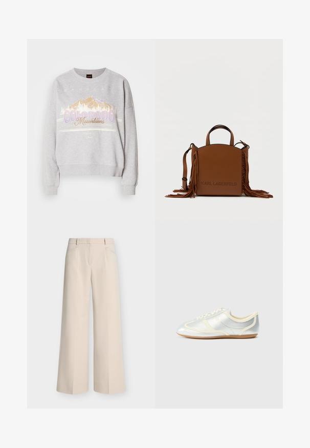 Grå sweatshirt med rund halsudskæring, lange ærmer og et grafisk print af bjerge samt teksten "Colorado Mountains." Blød tekstur.; Beige bukser med vide ben, forlommer, bæltestropper og en flad front, vist på en ensfarvet lys baggrund.; Sølvfarvede syntetiske sneakers med cremefarvede detaljer, lav profil, rundet snude og flad gummisål; har klassiske syninger og snørelukning.; Brun læder håndtaske med en buet silhuet, frynse-detaljer på den ene side og perforeret branding på fronten. Inkluderer en skulderrem.