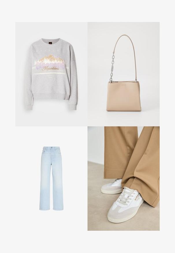 Grijze sweatshirt met een ronde halslijn, lange mouwen en een grafische print van bergen met de tekst "Colorado Mountains." Zachte textuur.; Lichtblauwe, wijdvallende jeans met hoge taille, vooraan met knoop- en ritssluiting, riemlussen en voor- en achterzakken.; Witte sneakers met suède accenten, gestructureerde veters en een rubberen zool. Gecombineerd met losse beige broek. Logo zichtbaar aan de zijkant.; Beige leren handtas met een gladde textuur, voorzien van een zilveren kettingaccent op het handvat en een ritssluiting. "HUGO" is op de voorkant hotstempeld.