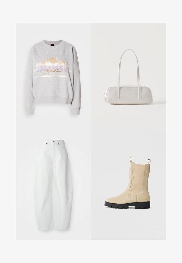 Grå sweatshirt med rund halsudskæring, lange ærmer og et grafisk print af bjerge samt teksten "Colorado Mountains." Blød tekstur.; Højtaljede hvide denimbukser med løs pasform. Har en knaplukning, sidelommer og et minimalistisk design. Glat tekstur.; Beige læder Chelsea støvle med sort lug sål, elastiske sidepaneler, trækstropper og diskret guld branding på hælen.; Hvid rektangulær skuldertaske med lange tynde stropper, minimal syning og lynlåslukning på en ensfarvet baggrund.