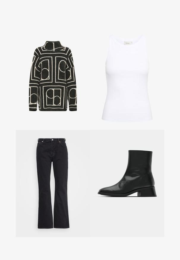 Suéter de punto en gris oscuro con un corte oversize, que presenta un patrón geométrico en crema de círculos y rectángulos. Diseño de cuello alto.; Top sin mangas de canalé blanco con escote redondo. Tejido elástico y diseño ajustado. La etiqueta en la parte posterior dice "GESTUZ."; Weekday PIN - Vaqueros rectos - black; Botín negro de tobillo hecho de cuero brillante, con un diseño elegante, punta afilada y un tacón bloque moderado para mayor estabilidad.