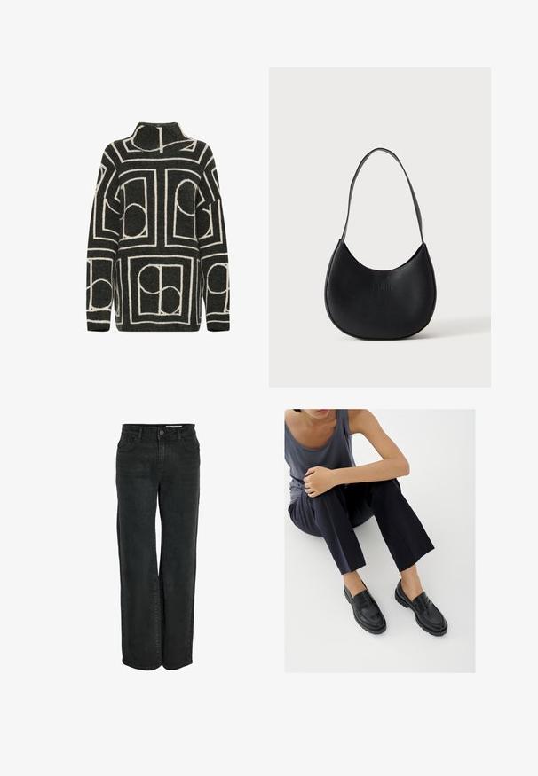 Suéter de punto en gris oscuro con un corte oversize, que presenta un patrón geométrico en crema de círculos y rectángulos. Diseño de cuello alto.; Jeans de corte ancho en negro, confeccionados en denim, con un diseño clásico de cinco bolsillos y una cremallera con cierre de botón. Textura suave.; Mocasines de cuero negro con detalles texturizados, tacón bajo, puntera redonda y costuras visibles. Modelo vistiendo pantalones oscuros y una blusa gris.; Bolso de hombro negro de cuero en forma de media luna con una sola correa y el nombre de la marca en relieve sutil sobre un fondo liso y claro.