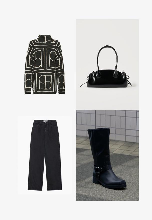 Pull en maille gris foncé avec une coupe oversize, présentant un motif géométrique crème de cercles et de rectangles. Conception à col montant.; Jeans en denim noirs taille haute à jambes larges avec fermeture à bouton et zip à l'avant, passants de ceinture et style à cinq poches.; Botte en cuir noire mi-mollet avec un petit talon bloc et une bride décorative avec boucle métallique autour de la cheville, sur un trottoir carrelé.; Petit sac à main noir brillant avec deux longues anses et des détails à cordon sur les côtés sur un fond clair uni.