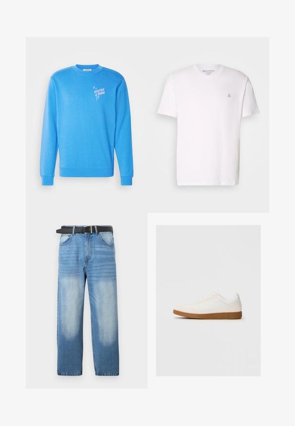 Blaues Sweatshirt aus weichem Material, mit langen Ärmeln, Rundhalsausschnitt und dem Logo "Scotch & Soda" in Rosa auf der Vorderseite.; Weißes kurzärmliges T-Shirt aus Baumwolle mit Rundhalsausschnitt und einem kleinen grauen Logo auf der Brust. Glatte Textur, klassischer Schnitt.; Hellblaue Denim-Jeans mit geradem Bein, ausgestattet mit einem schwarzen Gürtel, ausgewaschenen Stellen und subtiler diagonaler Textur im oberen Bereich.; Weißer Sneaker mit einer Wildleder-Zehenkappe, glattem Synthetik-Obermaterial und einer sandfarbenen Gummisohle. Verfügt über Perforationen an den Seiten für Atmungsaktivität.