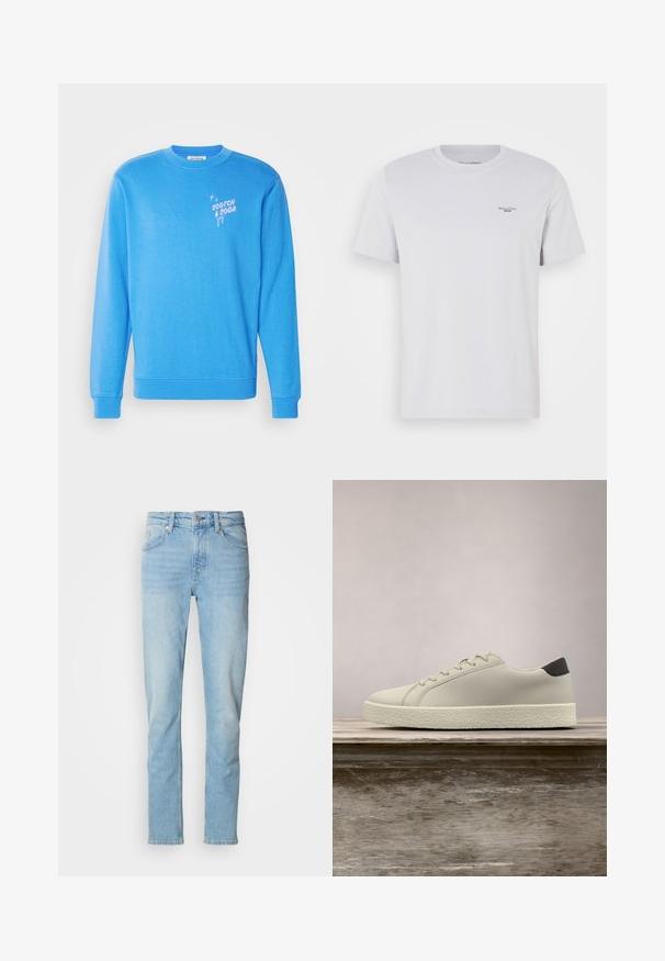 Blauwe sweatshirt gemaakt van zachte stof, met lange mouwen, een ronde hals en het "Scotch & Soda" logo in het roze op de voorkant.; Witte katoenen t-shirt met een ronde hals, korte mouwen en een klein zwart logo op de linkerborst. Soepele textuur en een standaard pasvorm.; Lichtblauwe jeans van denim, met een rechte pasvorm, vijf zakken, riemlussen en een knoopsluiting.; Witte sneaker met gestructureerde zool en zwarte hieldetails, zwevend boven een houten bank met hoge groene graspluimen op de achtergrond.