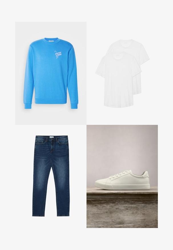 Blauwe sweatshirt gemaakt van zachte stof, met lange mouwen, een ronde hals en het "Scotch & Soda" logo in het roze op de voorkant.; Twee witte T-shirts met korte mouwen van katoen, met een ronde halslijn, zachte textuur en een eenvoudig, onopgesmukt ontwerp.; Donkerblauwe slim-fit jeans met vervaagde details, klassiek vijf-pocket ontwerp, knoopsluiting en riemlussen.; Witte vetersneaker die boven een houten bank zweeft met groene bladeren op de achtergrond, waarbij het ontwerp en de textuur van de schoen worden getoond.