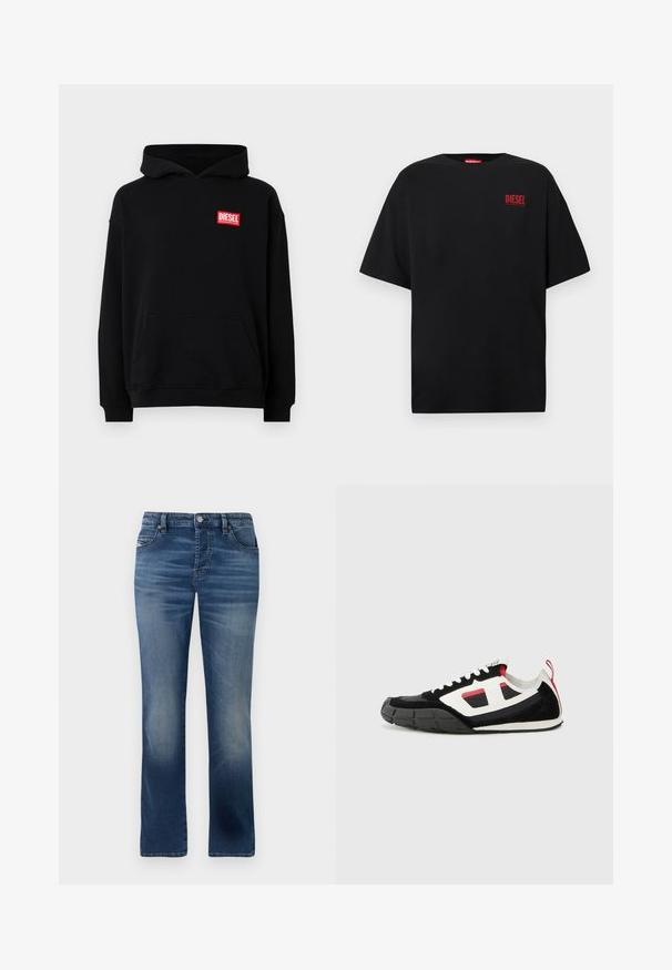 Sudadera negra con capucha y bolsillo frontal, con un logo rectangular rojo de "DIESEL". Hecha de una tela suave con puños acanalados.; Camiseta negra de algodón, con mangas cortas, cuello redondo y un logo rojo de "DIESEL" en la zona izquierda del pecho.; Pantalones vaqueros de mezclilla azul oscuro con un diseño de pierna recta, que cuentan con bolsillos frontales, un ligero desgaste y un cierre de botón clásico en la cintura.; Diesel S PAGODHA LOW - Zapatillas - black