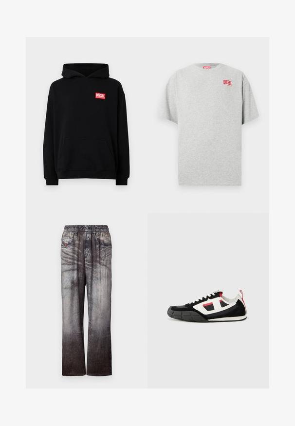 Sort hættetrøje med en frontlomme, der har et rødt rektangulært "DIESEL" logo. Fremstillet af blødt stof med ribbede manchetter.; Grå bomuld t-shirt med rund hals og korte ærmer. Har et lille rødt "DIESEL" logo på brystet. Glat tekstur.; Denimbukser med en falmet blå til grå gradient, elastisk talje og forlommer. Har en struktureret overflade med subtil syning.; Diesel S PAGODHA LOW - Sneakers - black