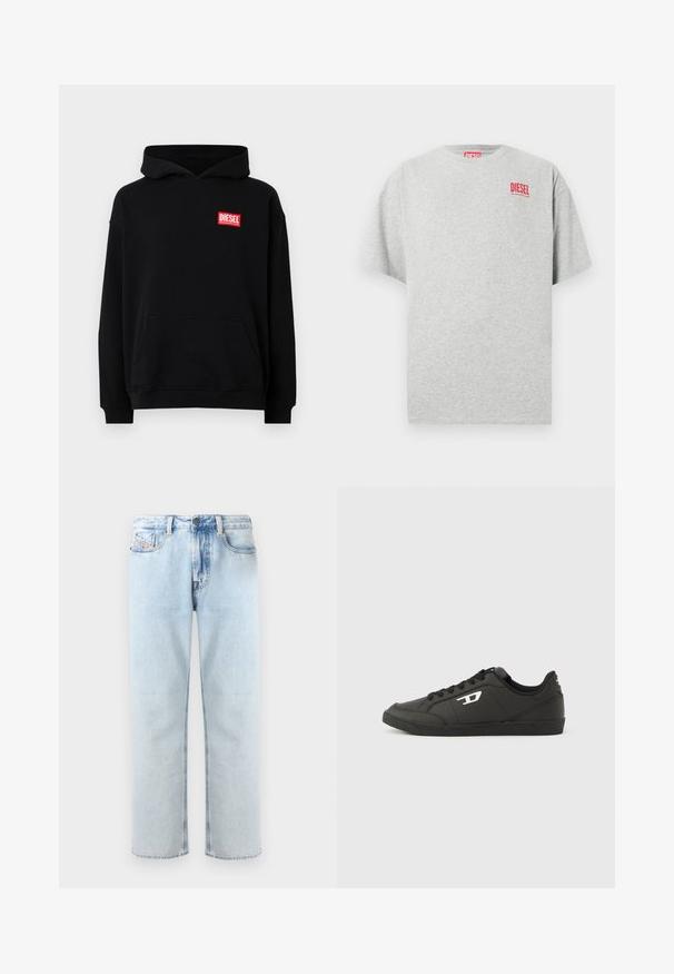 Sudadera negra con capucha y bolsillo frontal, con un logo rectangular rojo de "DIESEL". Hecha de una tela suave con puños acanalados.; Camiseta de algodón gris con cuello redondo y mangas cortas. Presenta un pequeño logo rojo "DIESEL" en el pecho. Textura suave.; Jeans de mezclilla azul claro con un diseño de pierna recta, estilo de cinco bolsillos y un ligero desgaste. Cuenta con un cierre de botón y un lazo para cinturón.; Zapatillas deportivas negras sintéticas con suela negra texturizada, puntera redonda y cordones planos negros. Destaca un logo blanco en el lateral exterior.