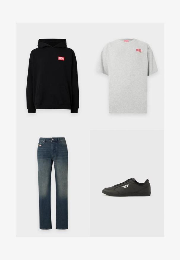 Zwart hoodie met een voorzak, met een rood rechthoekig "DIESEL" logo. Gemaakt van zachte stof met geribbelde mouwen.; Grijs katoenen T-shirt met een ronde hals en korte mouwen. Voorzien van een klein rood "DIESEL" logo op de borst. Soepele textuur.; Blauwe denim jeans met rechte pijpen, een vervaagde wassing, knoop- en ritssluiting aan de voorkant, en een ontwerp met vijf zakken.; Zwarte sneakers van synthetisch materiaal met een geribbelde zwarte zool, ronde neus en vlakke zwarte veters. Opvallend wit logomerk aan de buitenzijde.