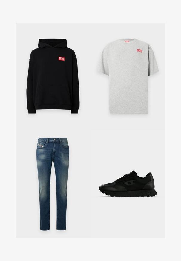 Sudadera negra con capucha y bolsillo frontal, con un logo rectangular rojo de "DIESEL". Hecha de una tela suave con puños acanalados.; Camiseta de algodón gris con cuello redondo y mangas cortas. Presenta un pequeño logo rojo "DIESEL" en el pecho. Textura suave.; Vaqueros de mezclilla azul oscuro con lavado desgastado, diseño de pierna recta y una rodilla ligeramente desgastada. Cuenta con bolsillos delanteros y cierre con botón de metal.; Zapatilla negra de corte bajo con piel texturizada y paneles de tela, cierre de cordones y suela gruesa de goma sobre un fondo claro y liso.