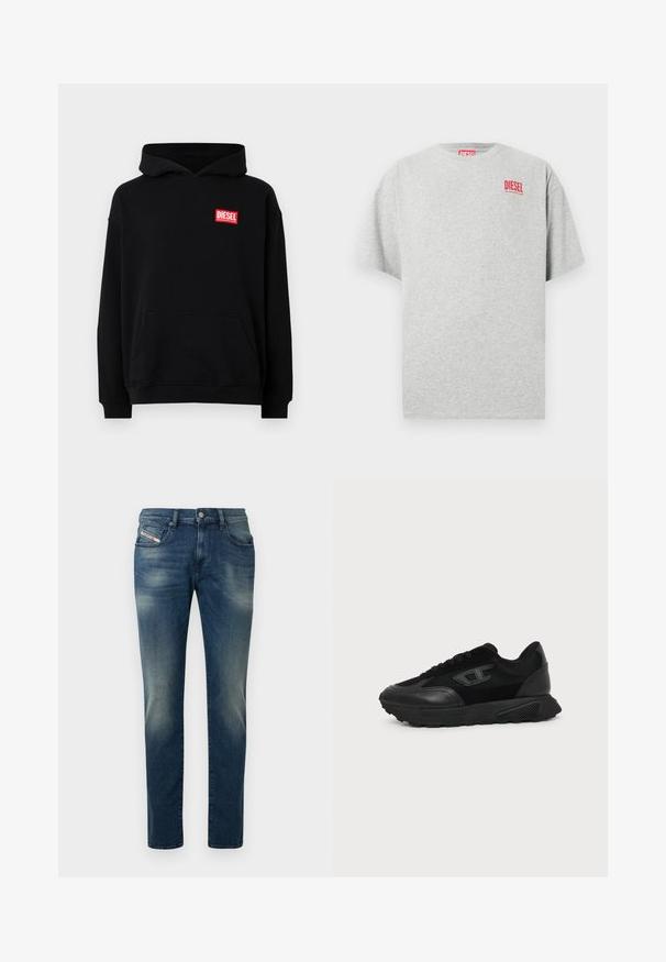 Sudadera negra con capucha y bolsillo frontal, con un logo rectangular rojo de "DIESEL". Hecha de una tela suave con puños acanalados.; Camiseta de algodón gris con cuello redondo y mangas cortas. Presenta un pequeño logo rojo "DIESEL" en el pecho. Textura suave.; Vaqueros de mezclilla azul oscuro con lavado desgastado, diseño de pierna recta y una rodilla ligeramente desgastada. Cuenta con bolsillos delanteros y cierre con botón de metal.; Zapatilla negra de corte bajo con suela texturizada, parte superior de malla y cuero, cierre de cordones en la parte delantera y un pequeño logo en relieve en el panel lateral.